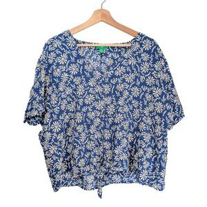 Dip Blue White Floral Button Down Tie Front Blouse Women's XL top Casual shirt